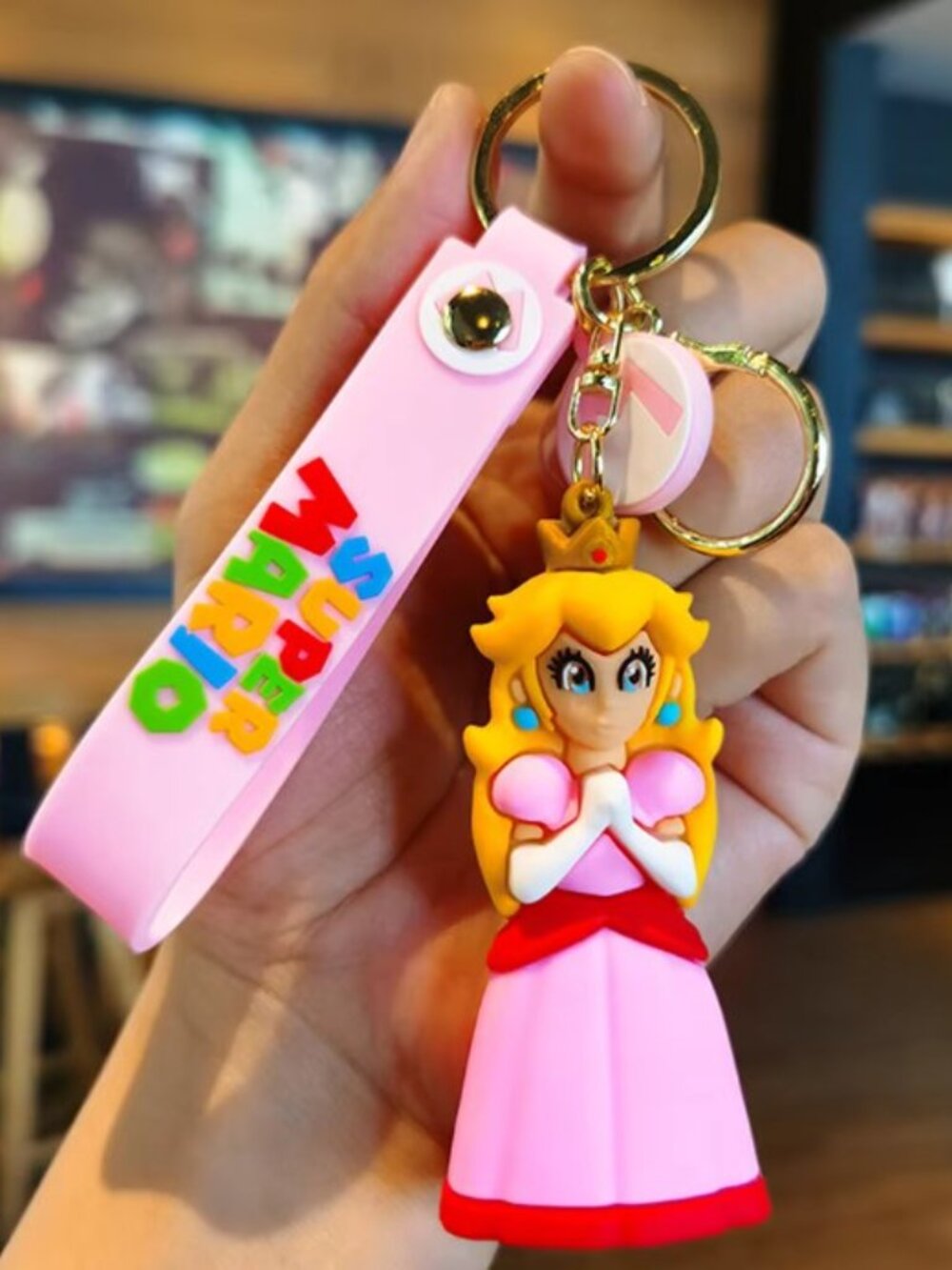 Princess Peach Mario Keychain Pink Figure Wrist Strap Charm Cute